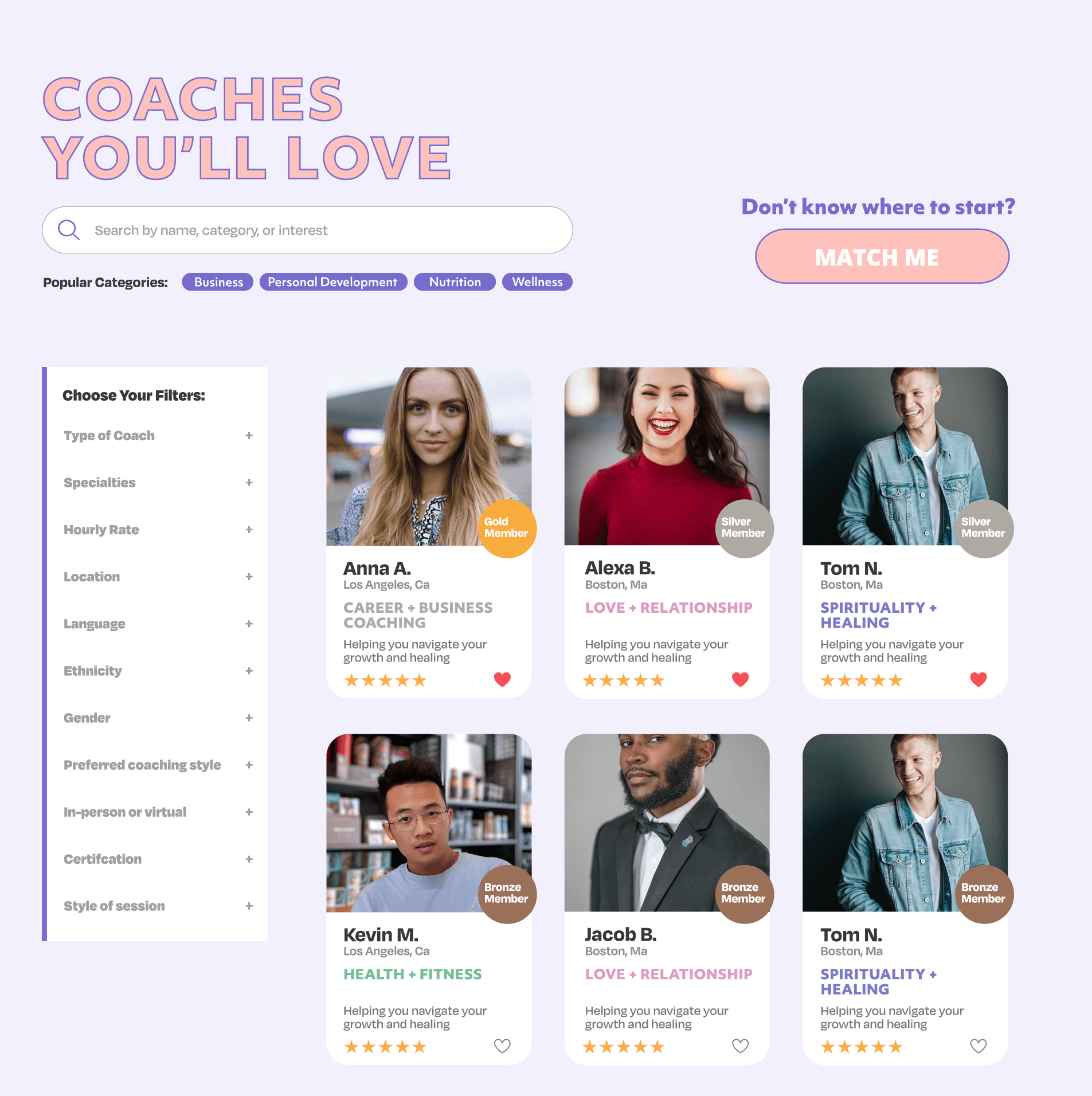 A webpage from CoachSpace showcasing profiles of various coaches with filters on the left to sort by specialties, location, and availability. The intuitive UI design ensures easy navigation, while each profile displays a photo, name, specialization, and a brief bio.