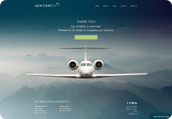 Screen displaying a confirmation page for Sentient Jet services, enhanced by thoughtful UI Design, featuring an image of a jet plane soaring amidst mountains. Options to continue to trip details and contact information are clearly visible.