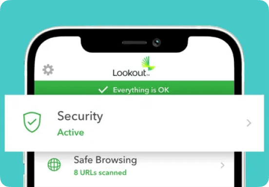 A mobile phone screen showcases the Lookout app, highlighting a secure status with 8 URLs scanned, safe Wi-Fi connection, ID scan ready, no breach alerts, and missing device features. The text "100M PLUS USERS" is prominently displayed, reflecting seamless UI design for user assurance.