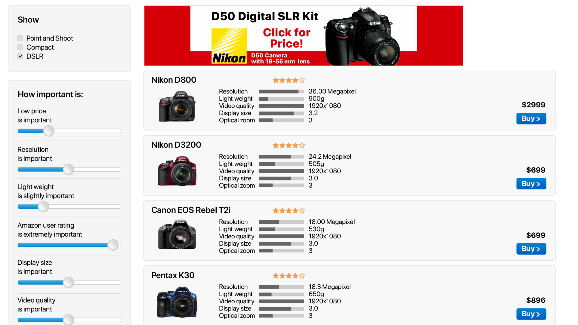 Comparison chart of DSLRs shows Nikon D800 at $2999, Nikon D3200 at $699, Canon EOS Rebel T2i at $849, and Pentax K30 at $699. Ratings and specifications are displayed alongside prices to help you make an informed choice quickly, just like your favorite search engine.