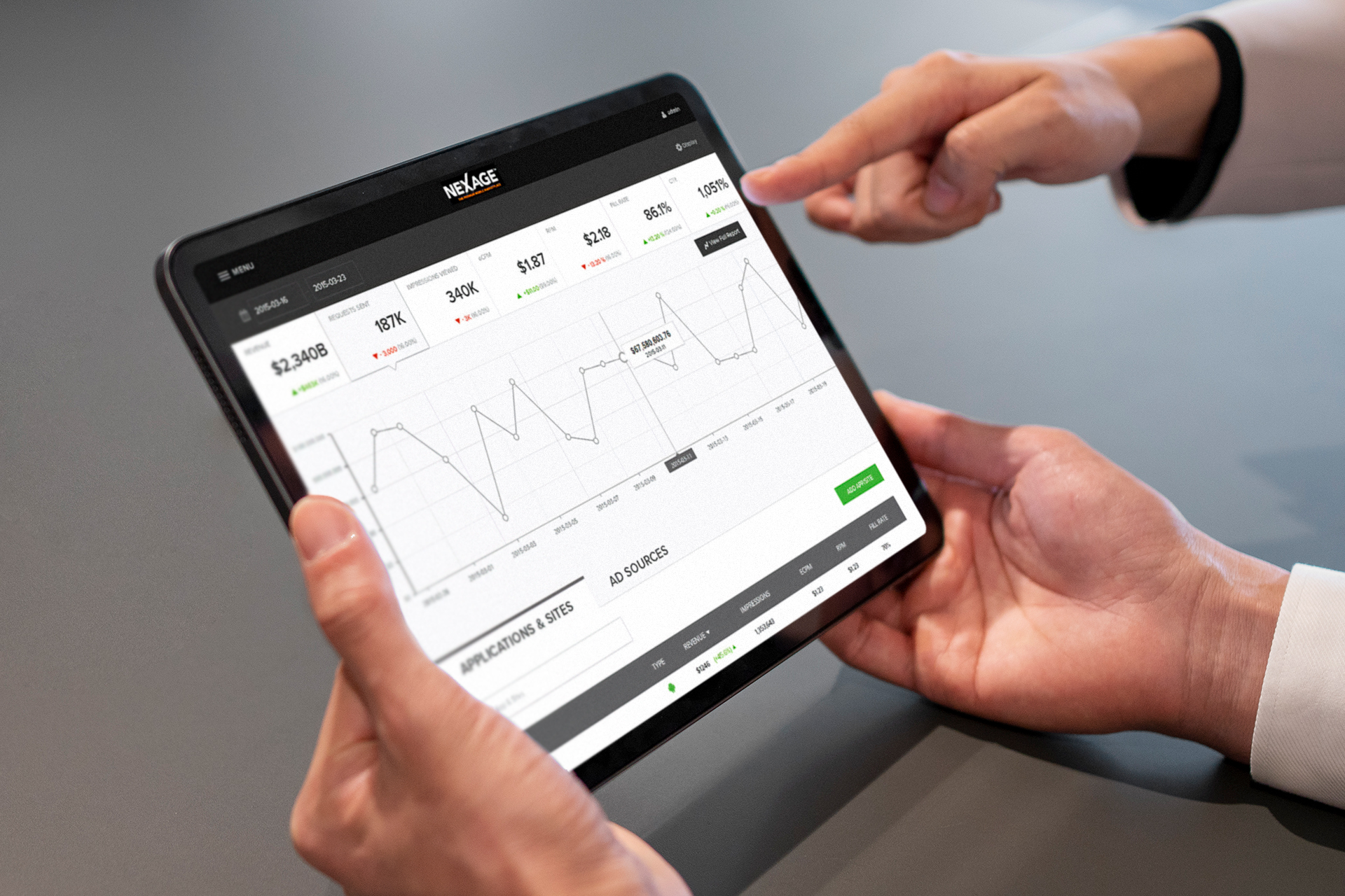 Two people using a NEXAGE tablet displaying a financial dashboard with graphs and data, including stock information and performance metrics, in a professional setting.