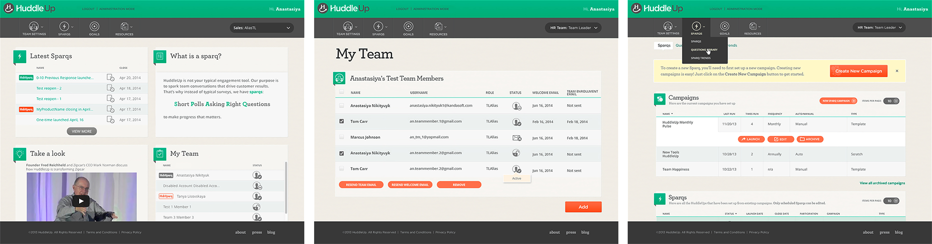 Three computer screens display various webpages of the HuddleUp app: Learn Scripts, My Team, and Campaigns. Each page showcases navigation menus, multiple sections, and detailed information.