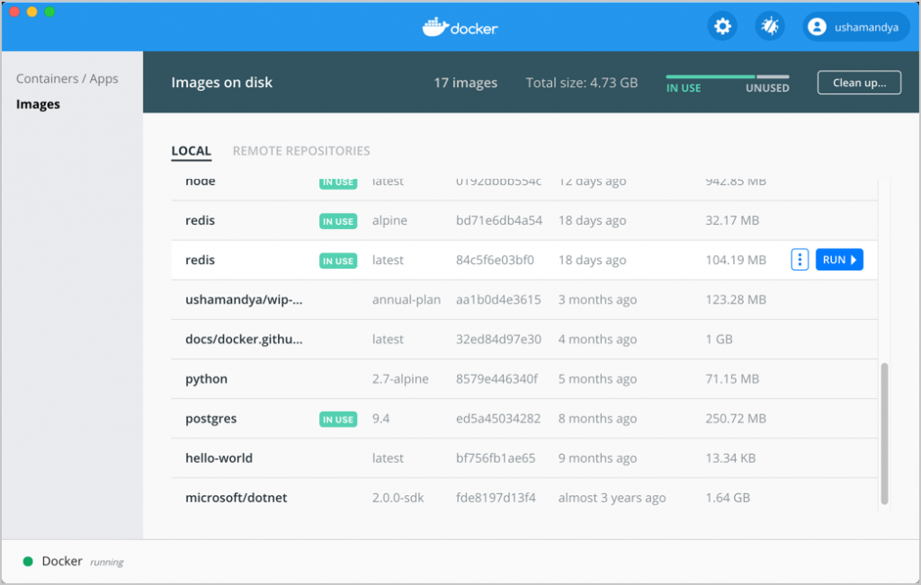 Screenshot of an Effective DevOps Tools interface in Docker, displaying a list of local images with details like repository names, tags, image IDs, creation dates, and sizes.