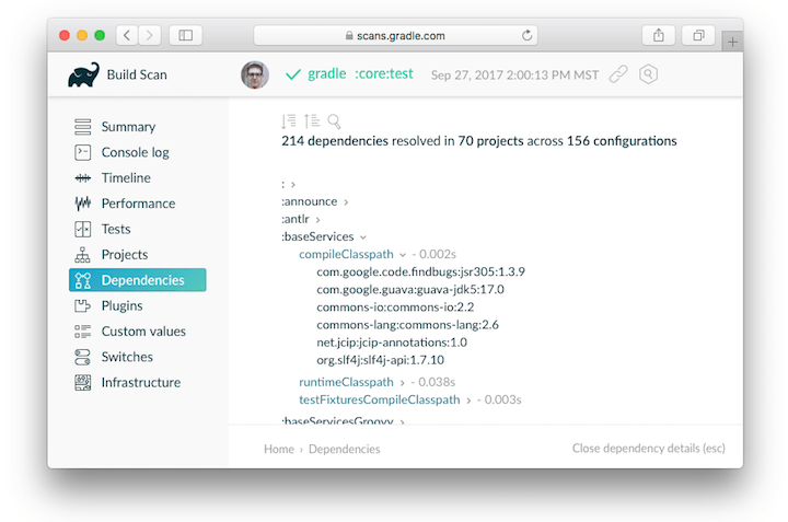 A browser window showcases an Effective DevOps Tools Gradle build scan, detailing dependencies, configurations, and precise file paths alongside execution times.