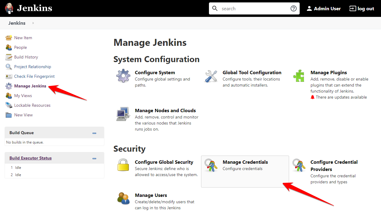 The Jenkins dashboard, an effective DevOps tool, displays options for item creation, system configuration, and security management. Clearly marked arrows guide you to "Manage Jenkins" and "Manage Credentials," ensuring streamlined operations.