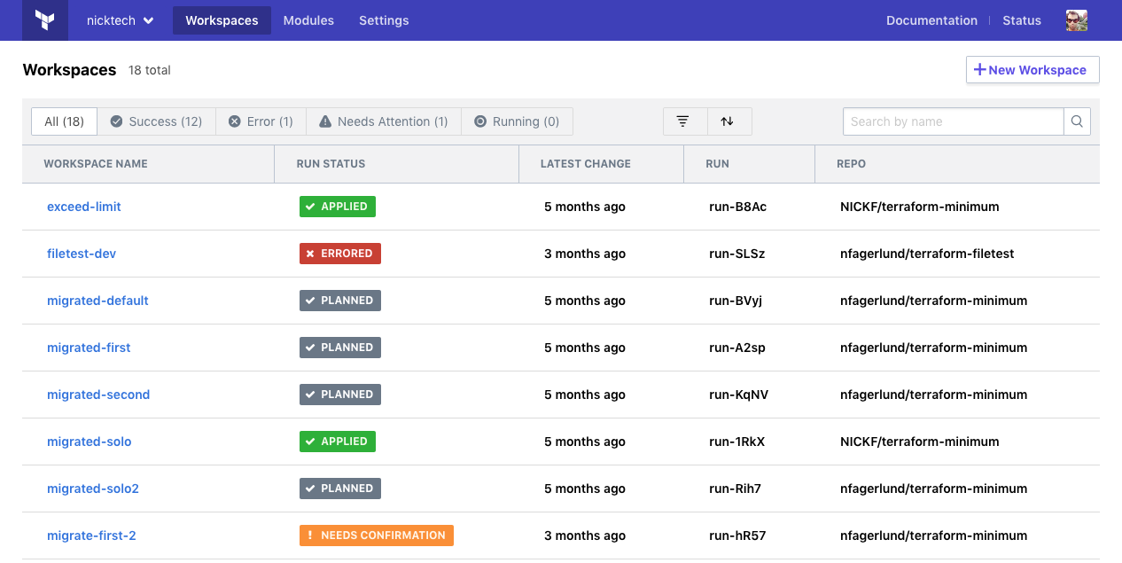 A screenshot of a workspace management dashboard showcasing effective DevOps tools is displayed, highlighting a list of projects with their statuses, last change dates, run types, and repositories. Some statuses include "APPLIED" and "NEEDS CONFIRMATION.