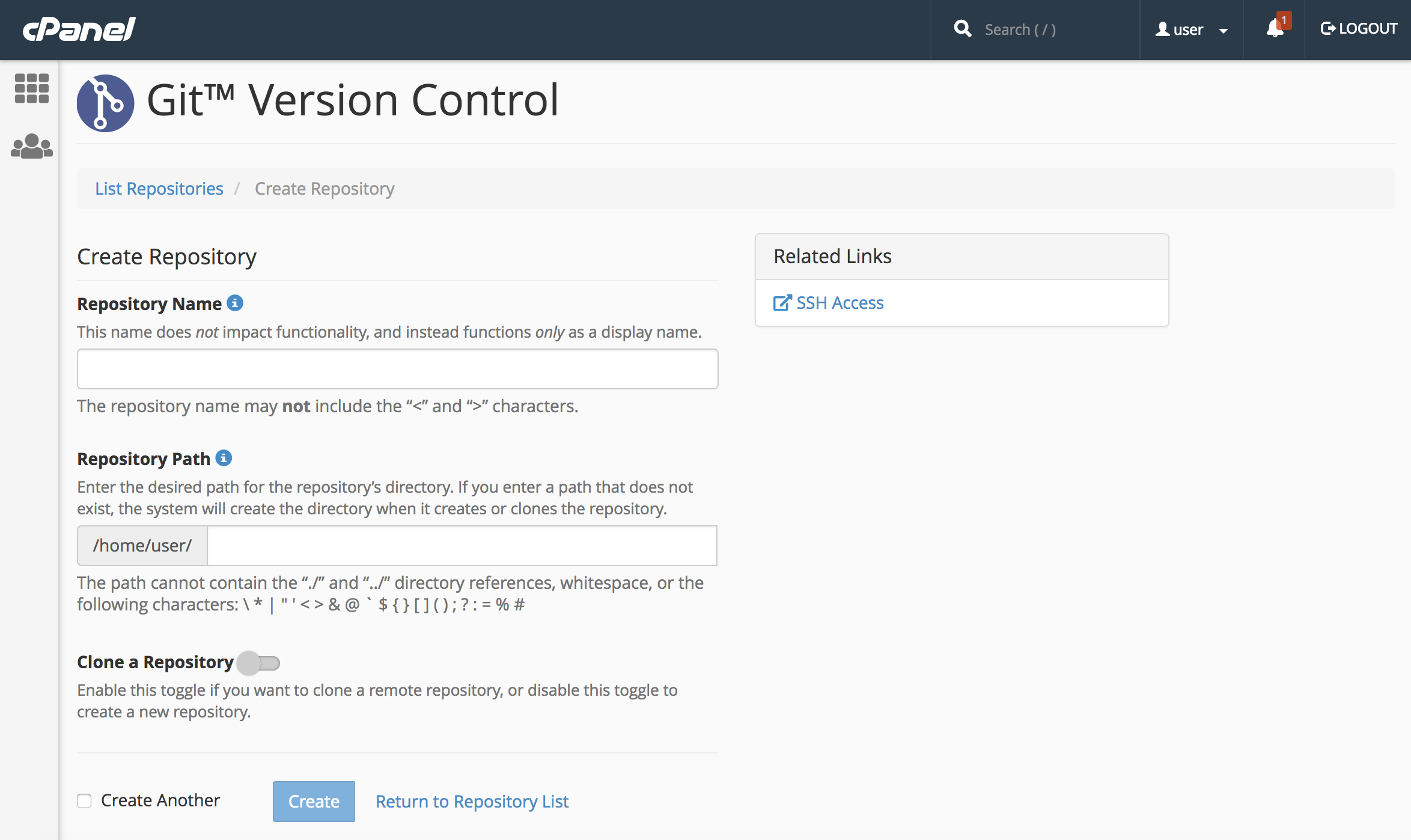 Screenshot of the cPanel Git Version Control interface showcasing effective DevOps tools, with options to create a new repository. It includes fields for specifying the repository path and an option to clone a repository, streamlining your development workflow.