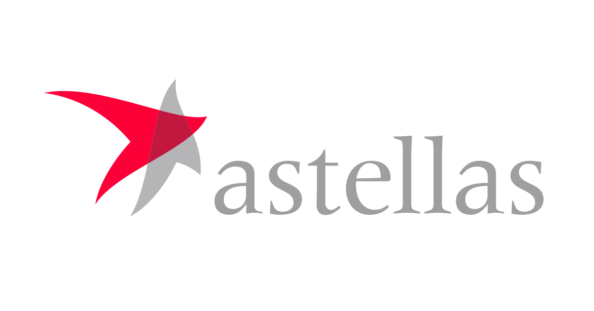 Logo of Astellas showcasing a stylized red and gray star-like icon, followed by the word "astellas" in elegant gray lowercase letters.