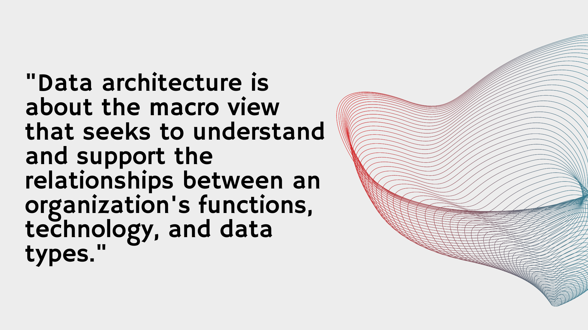 A quote by Goran Skorput about data architecture and its role in organizations is on the left. On the right, wavy lines in black, red, and blue create an abstract design on a light gray background.