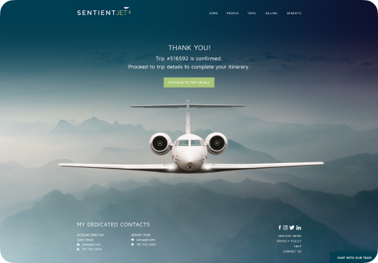 Screen displaying a confirmation page for Sentient Jet services, enhanced by thoughtful UI Design, featuring an image of a jet plane soaring amidst mountains. Options to continue to trip details and contact information are clearly visible.