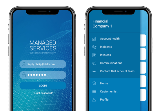 Two smartphones displaying a Managed Services application by Dell Technologies. The left screen shows a login page, while the right showcases a user-friendly menu with options like Account health, Incidents, and Invoices—exemplifying top-notch UX Design.