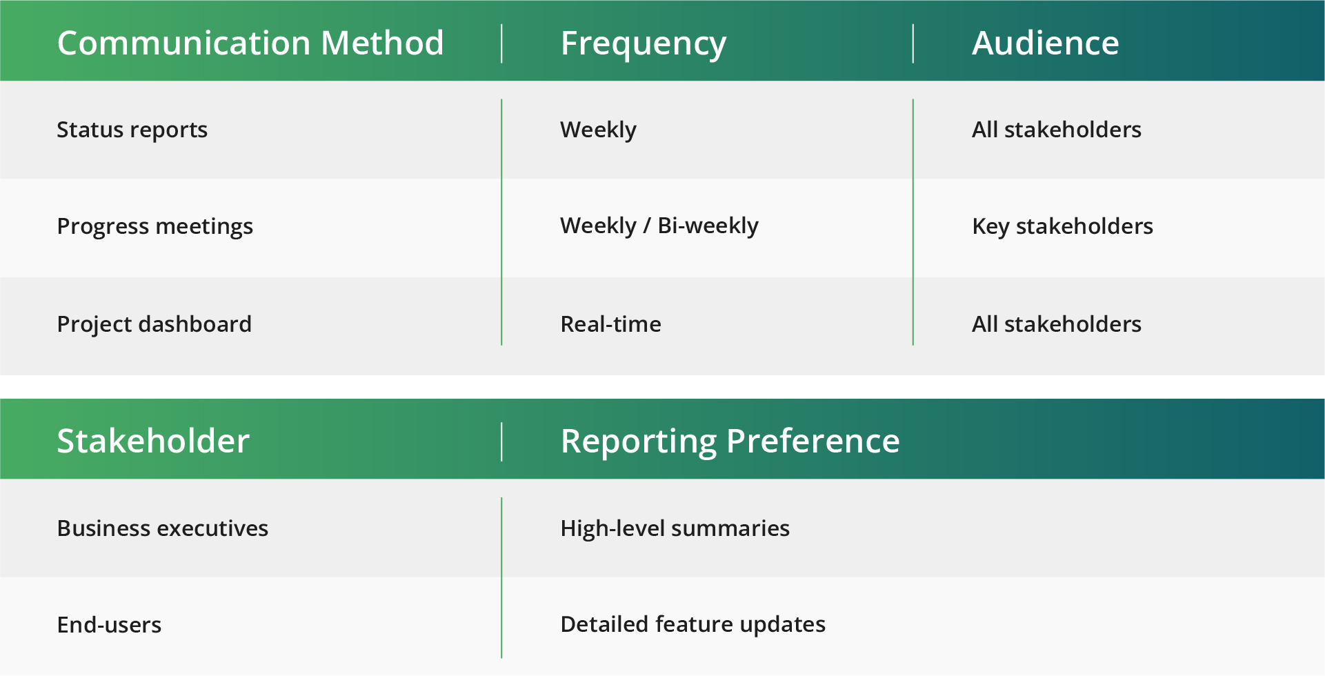 Chart detailing communication methods, frequency, and audience, along with reporting preferences for business executives and non-technical stakeholders. Methods include status reports, progress meetings, and project dashboards to streamline managing strategies within software development projects.